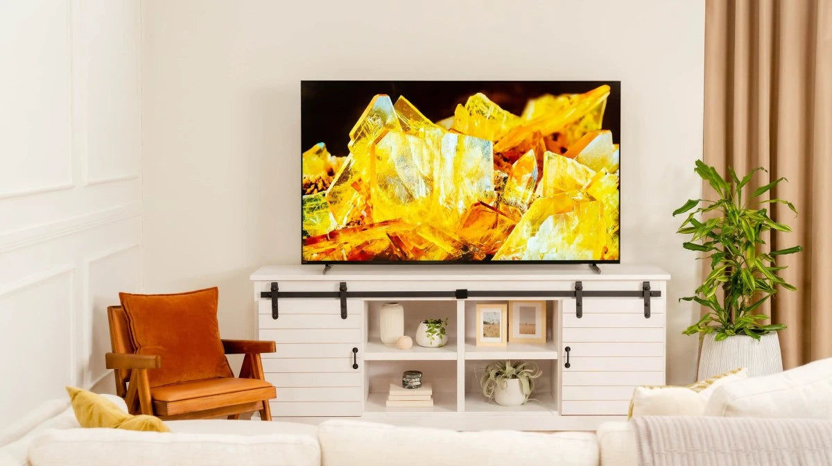 Living room with TV above console