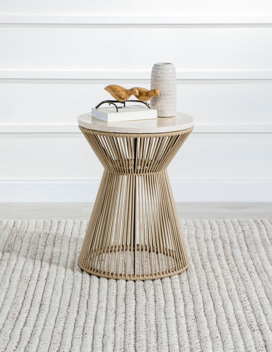 Biscayne - Round Rope End Table With Travertine Top - Beige