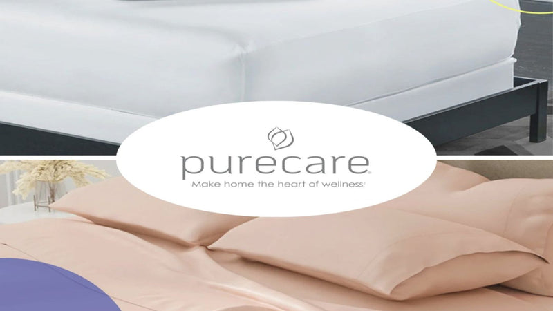 Bed with beige bedding and pillows, featuring the Purecare logo.