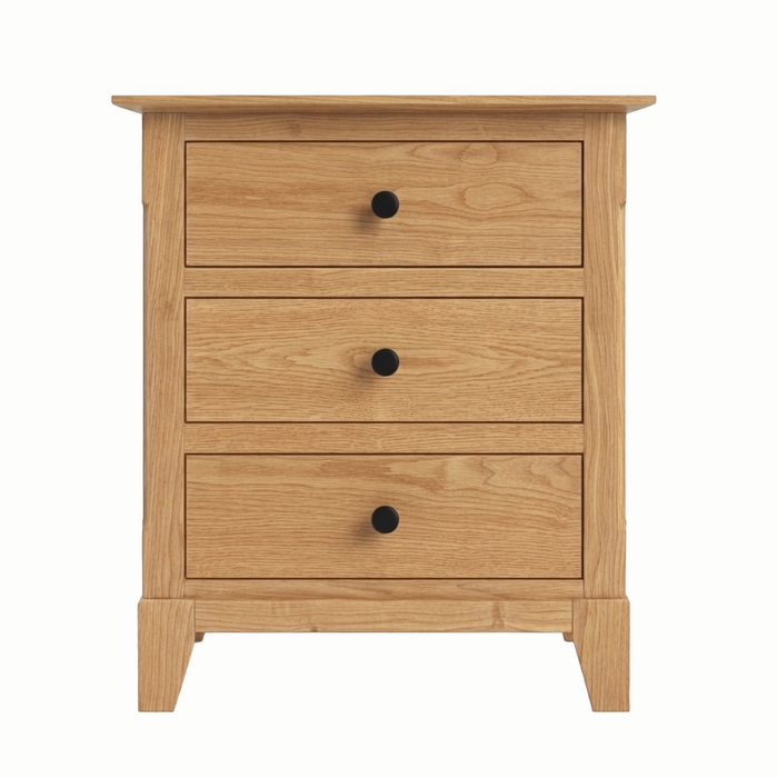 Cabot Three Drawer Nightstand — Oak wood reference; selected finish may differ