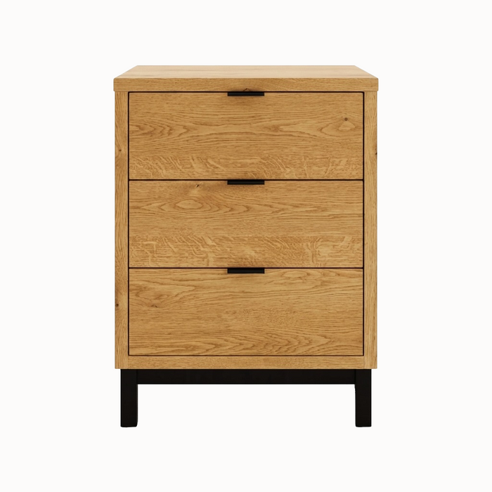 Solace Three Drawer Nightstand — Oak wood reference; selected finish may differ
