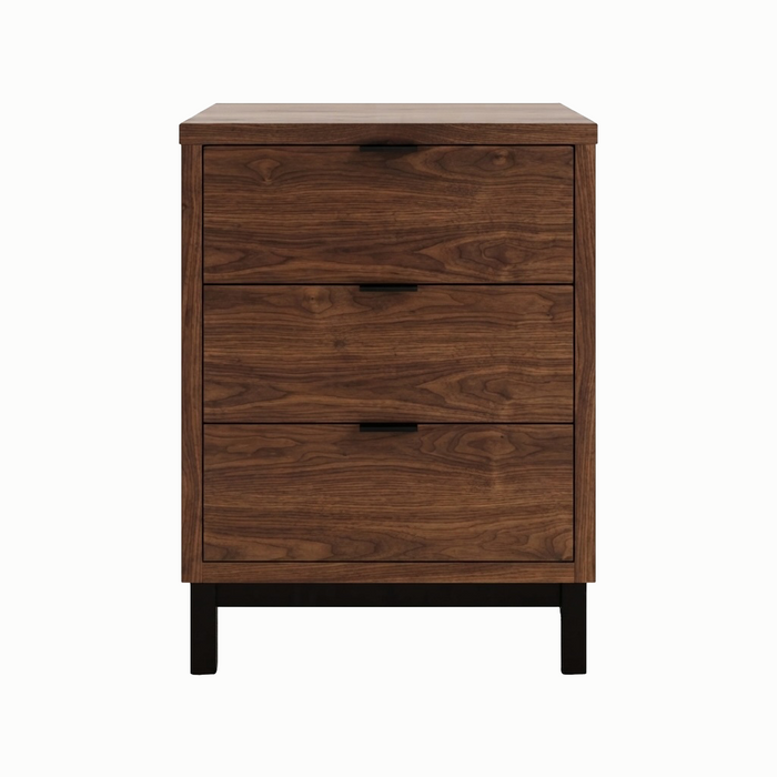 Solace Three Drawer Nightstand — Walnut wood reference; selected finish may differ