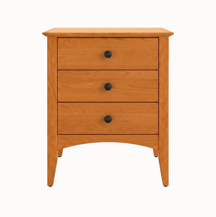 Traditional Three Drawer Nightstand — Cherry wood reference; selected finish may differ