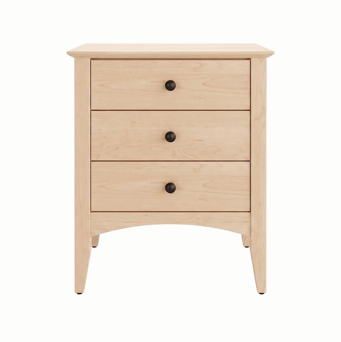 Traditional Three Drawer Nightstand — Maple wood reference; selected finish may differ