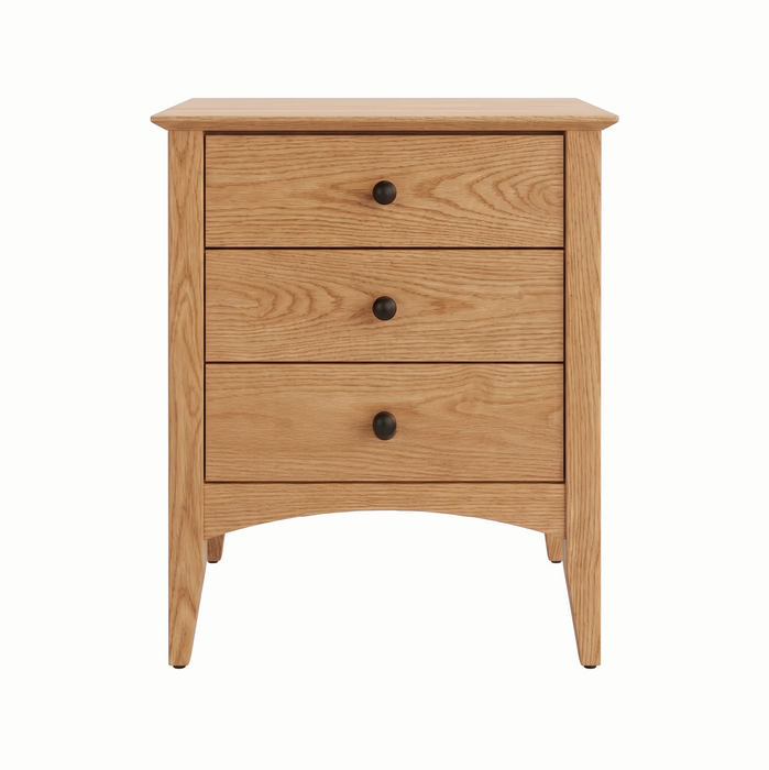 Traditional Three Drawer Nightstand — Oak wood reference; selected finish may differ
