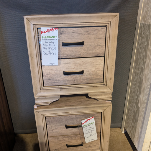 Wooden nightstand with two drawers and SuperStore clearance signs on a gray background