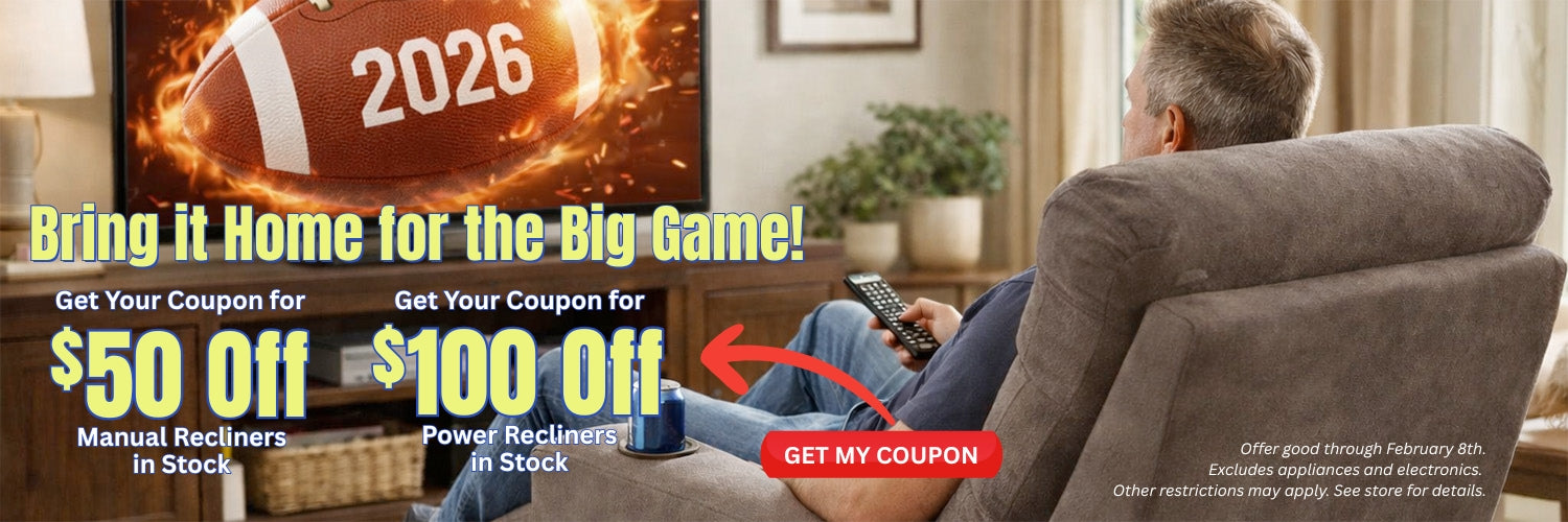 Man sitting on a recliner chair with a TV showing a football game, promotion for an exclusive coupon for $50 off manual recliners, $100 off power recliners