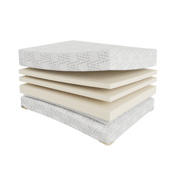 Stack of different types of mattress toppers on a white background