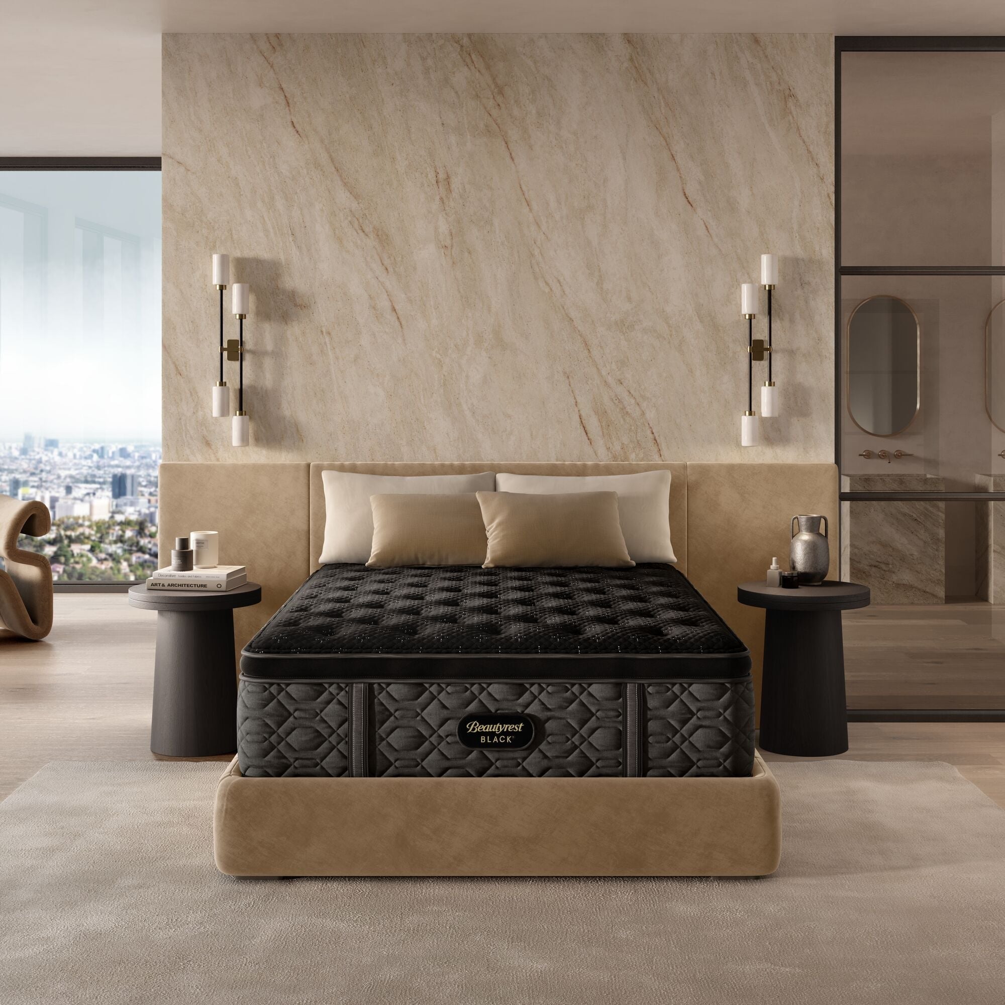 Black mattress on a bed in a modern bedroom with marble walls and city view.