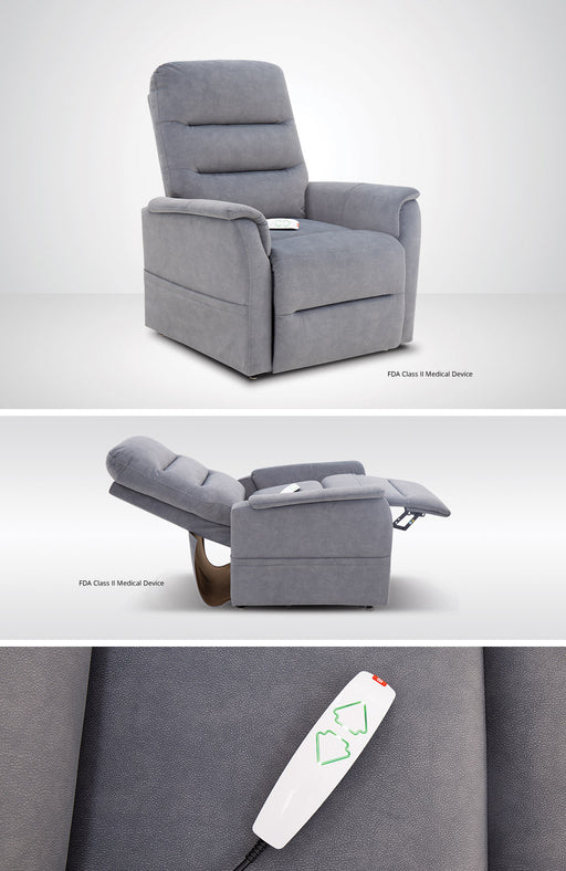 Gray recliner chair with remote control on a white background