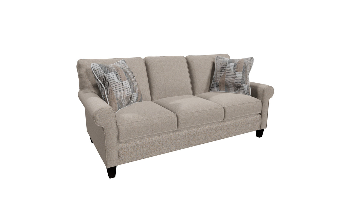 M9 Sock Arm Sofa in Sheldon 10 by Craftmaster, Greige finish and Charades 45 pillows — angle manufacturer visualization