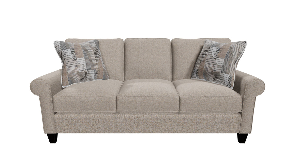 M9 Sock Arm Sofa in Sheldon 10 by Craftmaster, Greige finish and Charades 45 pillows — front manufacturer visualization