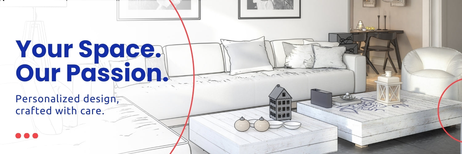 Banner for designer page, shows living room scene and displays text 