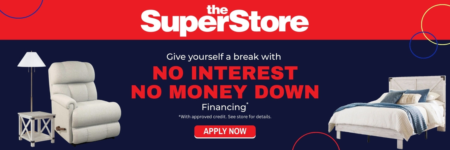 Couch in living room area with the message no Interest Financing =.