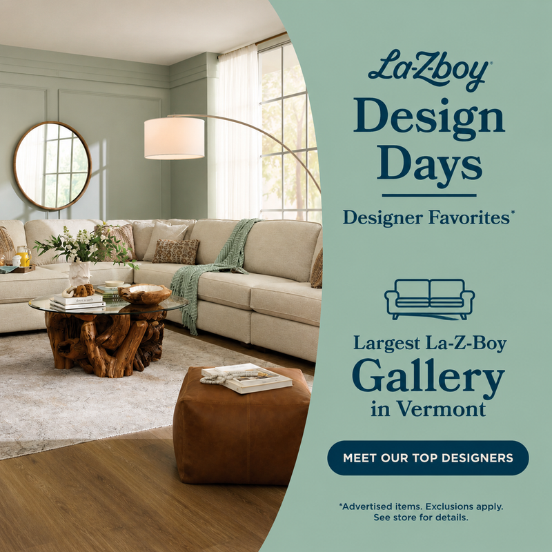 Living room with a La-Z-Boy sofa and coffee table, featuring LaZboy Design Days advertisement.